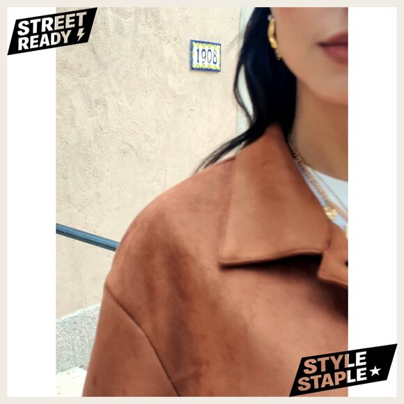 Cropped Faux Suede Jacket Lapel Collar Button Down Casual Vintage Shacket - Picture 6 of 6